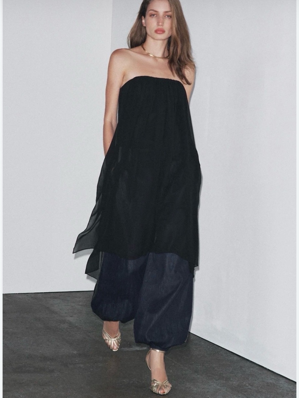 Zara Black Tunic Top with Layered Sheer Overlay